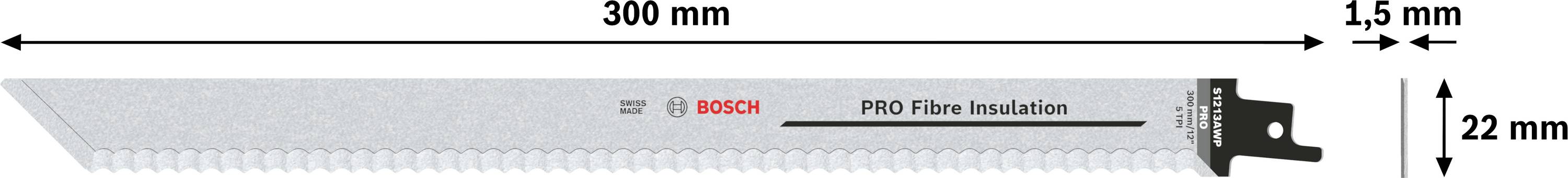 Lame de scie sabre de 300 mm de longueur, 1,5 mm d'épaisseur et 22 mm de hauteur, adaptée pour PRO Fibre Insulation. Nom de marque sur la lame.