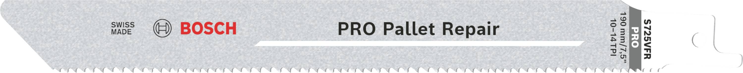 Lame de scie sabre Bosch avec l'inscription 'PRO Pallet Repair', adaptée à la réparation de palettes, présentée en gros plan.