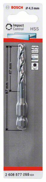 Foret Bosch 'Impact Control HSS', 4,5 mm, en emballage, dimensions : 87 mm de long, 47 mm de longueur utile.