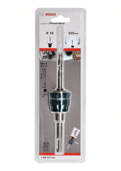Coffret de forets 'Bosch' avec un foret de 16 mm de diamètre, longueur 210 mm, adapté pour le bois et le métal, avec indications d'installation.