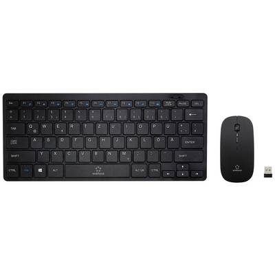 Clavier noir sans fil avec disposition allemande QWERTZ et souris assortie. Un récepteur USB est également représenté.