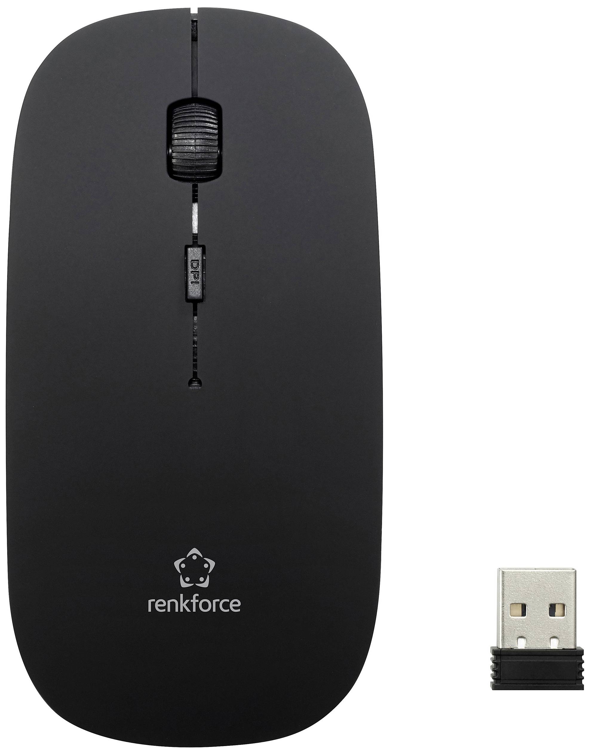 Souris sans fil noire de la marque Renkforce avec récepteur USB, design compact et moderne.