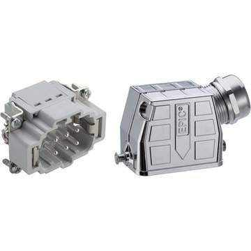 Connecteur électrique en deux parties : un élément de base gris avec des broches et un boîtier argenté avec raccordement à vis.