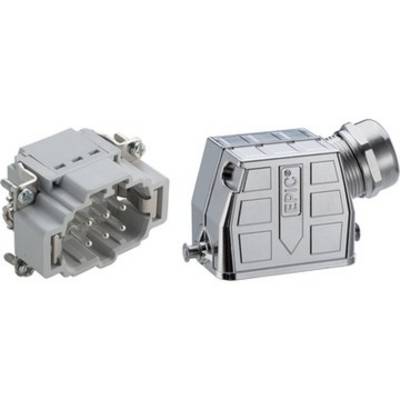 Connecteur électrique en deux parties : un élément de base gris avec des broches et un boîtier argenté avec raccordement à vis.