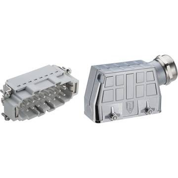 Connecteur avec insert de 10 broches et un boîtier de protection. Adapté aux applications industrielles et aux connexions robustes.