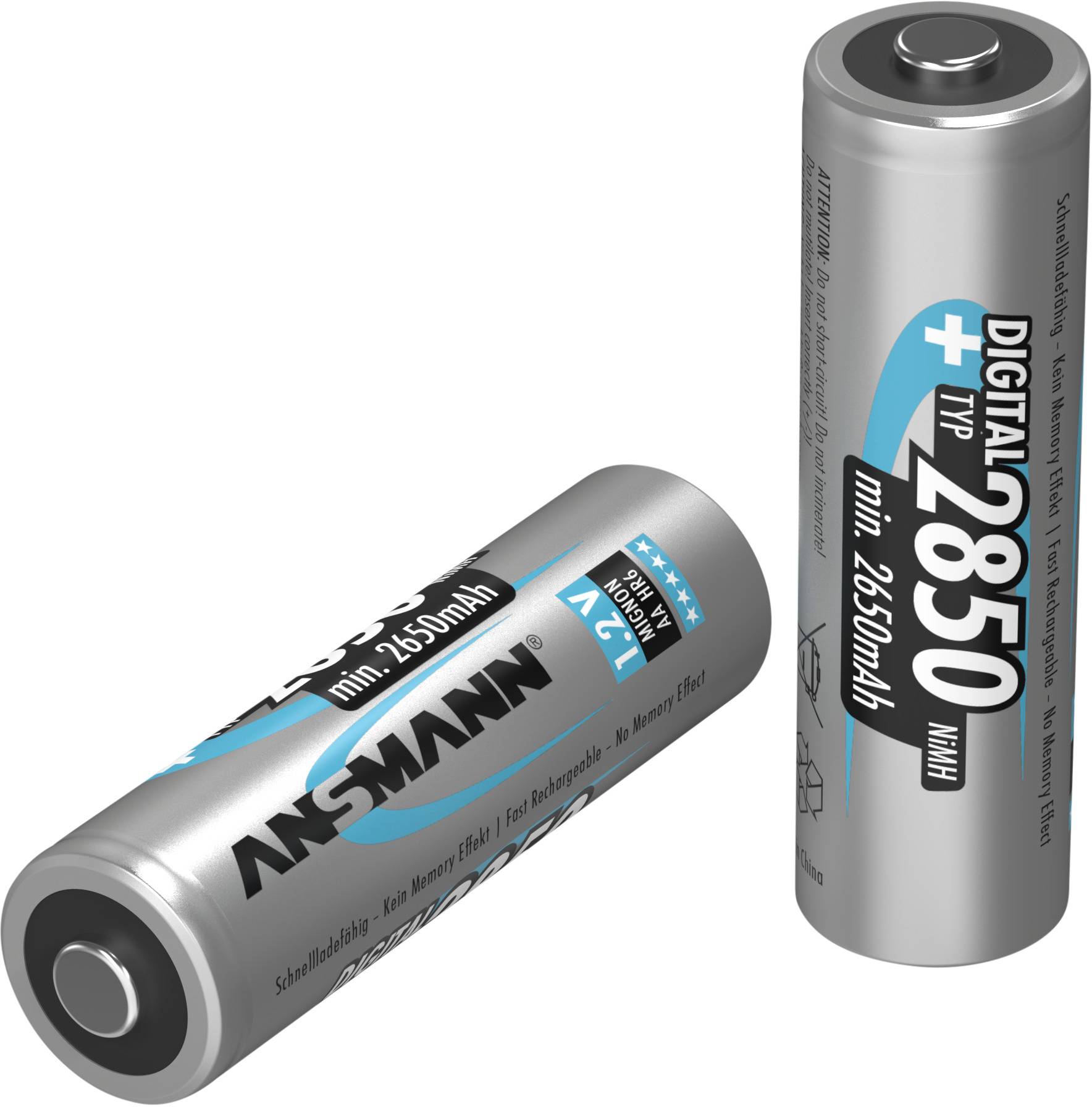 Deux piles AA argent de la marque Ansmann, avec des impressions bleues et noires, d'une capacité de 2850 mAh, sont droites et couchées sur le côté.