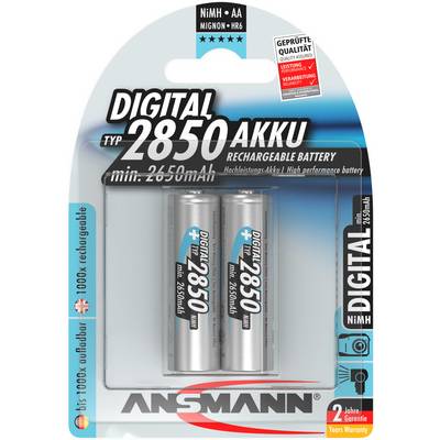 Deux piles rechargeables AA NiMH de marque Ansmann, modèle '2850', d'une capacité minimale de 2650 mAh, dans un emballage avec certificat de qualité.