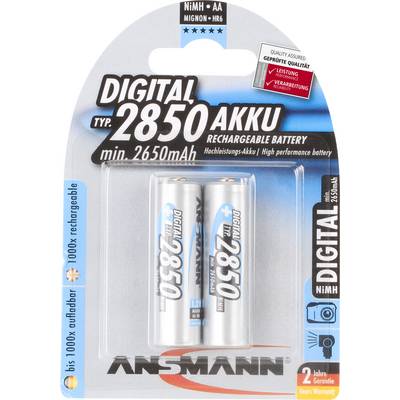 'Batterie Ansmann Digital 2850, Type AA, NiMH, rechargeable, Haute performance, Capacité 2650mAh, Garantie de 2 ans, Lot de 2 batteries.'