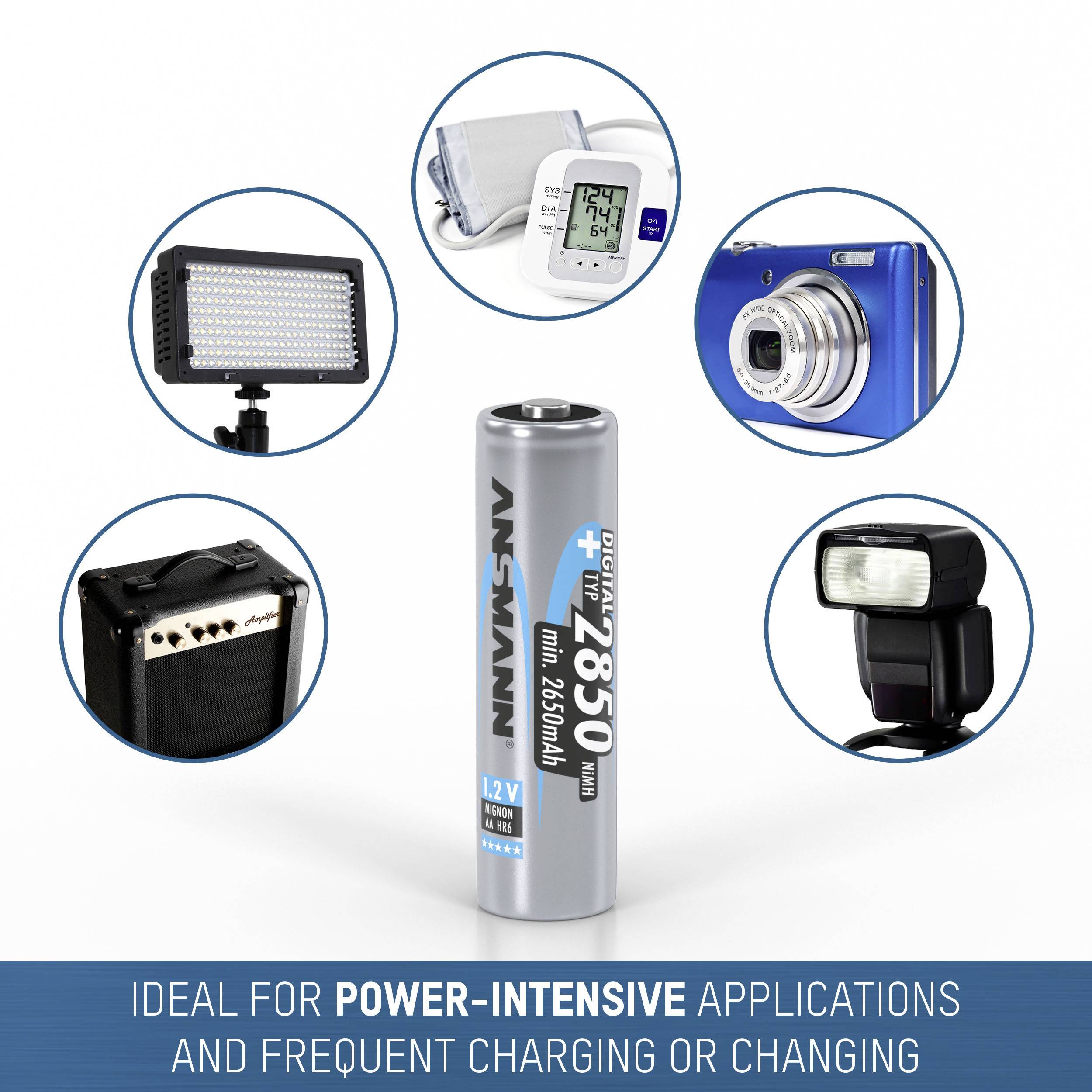 La batterie est idéale pour des applications à forte consommation électrique et convient à des chargements ou des remplacements fréquents. En arrière-plan, divers appareils sont représentés.