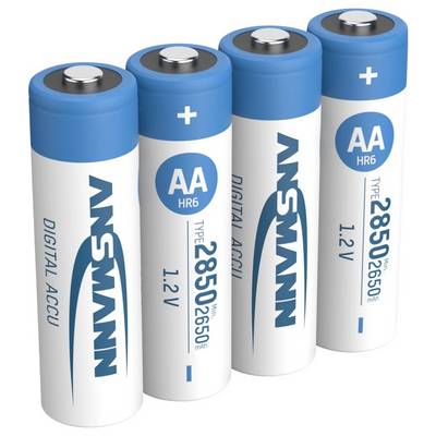 « Quatre piles rechargeables Ansmann AA à sommet bleu. Chaque pile affiche l'étiquetage « 1,2V », « 2850mAh » et « Type HR6 ». »