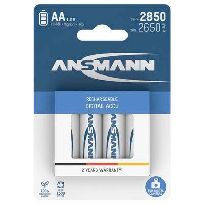 Pack de deux piles rechargeables Ansmann AA, 2850mAh, adaptées aux appareils photo numériques, Ni-MH, jusqu'à 1500 cycles, garantie de 2 ans.