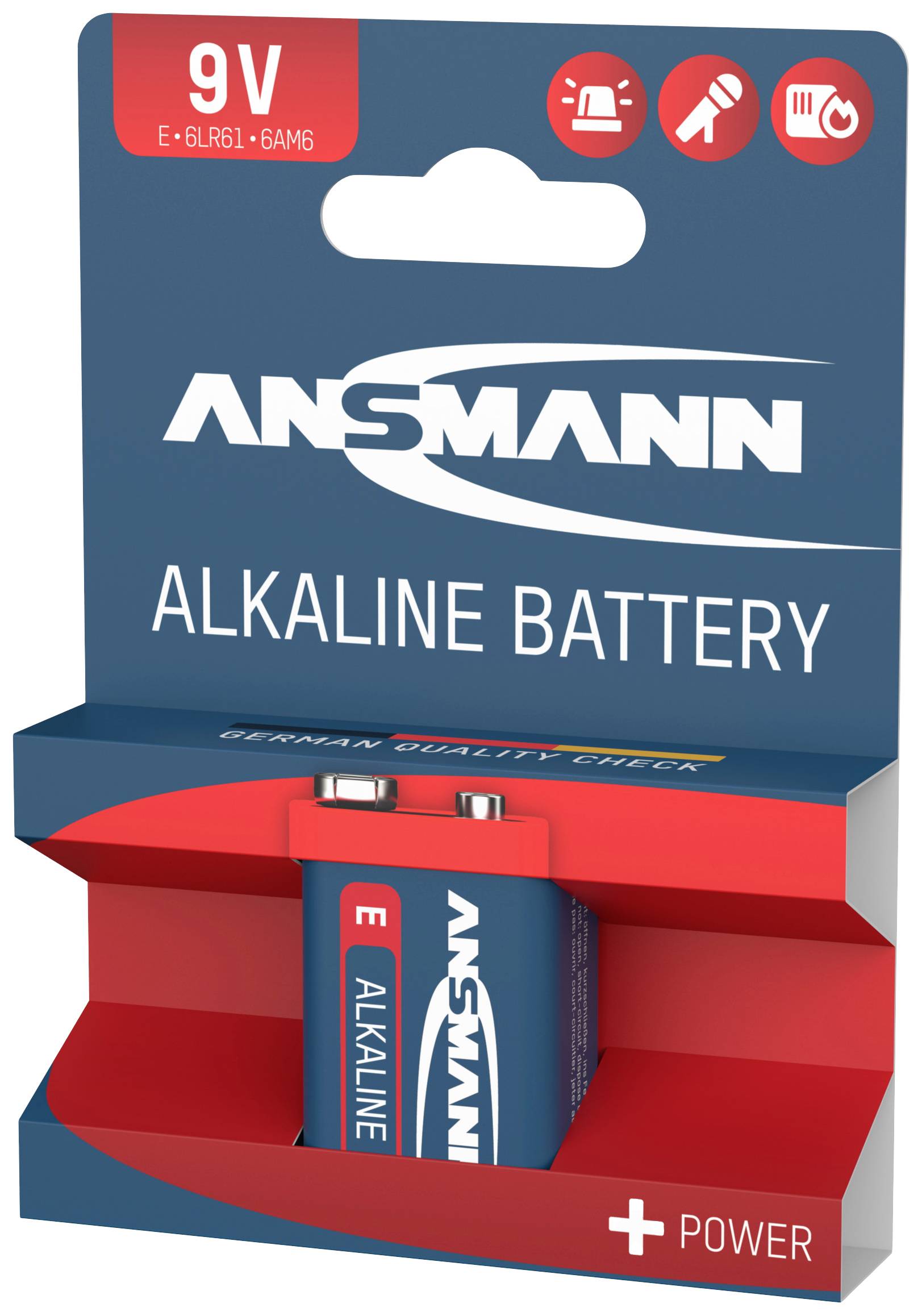 'Pile alcaline Ansmann, 9V, dans un emballage bleu et rouge.'