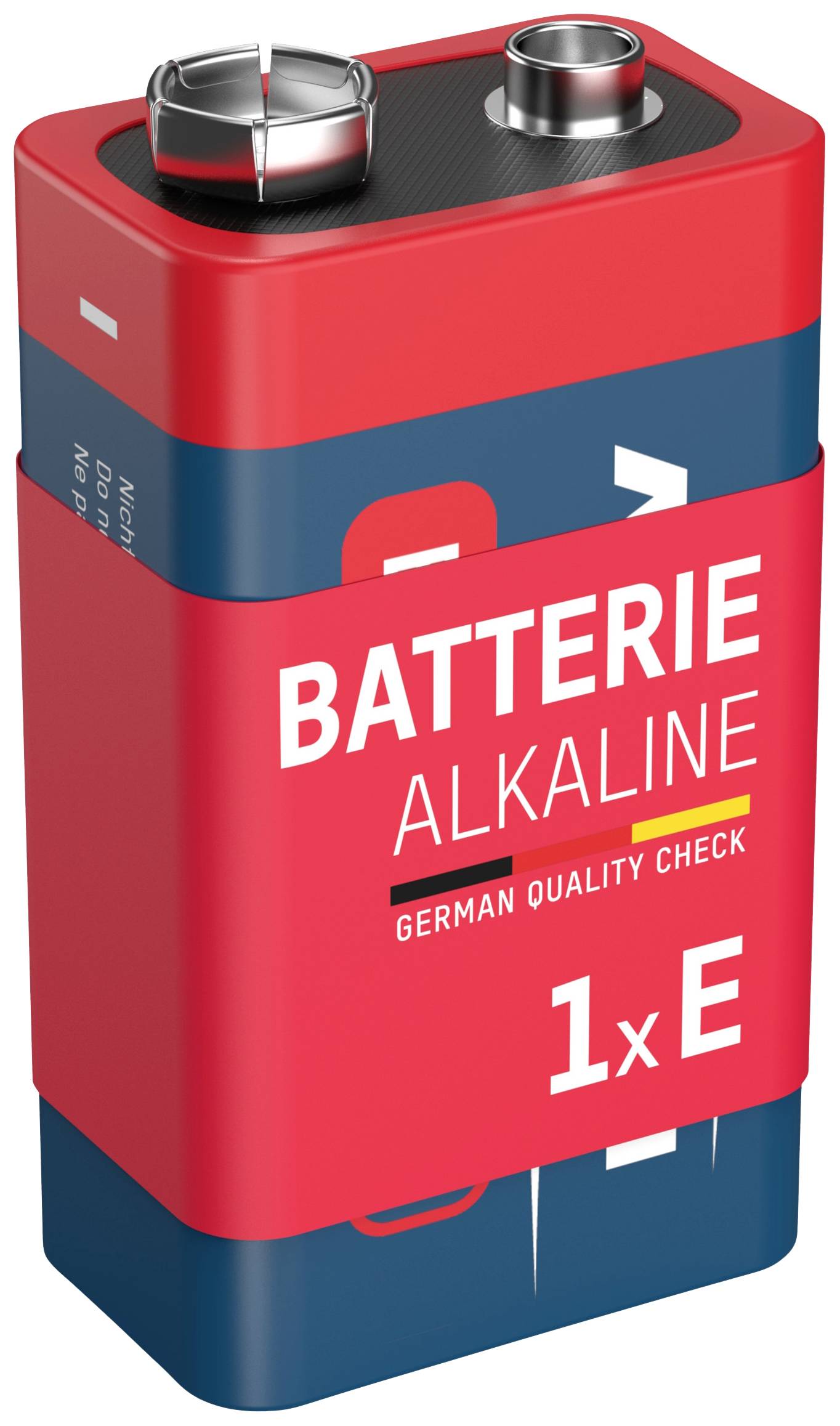 Pile alcaline rouge et bleue avec l'inscription « Batterie Alkaline, German Quality Check, 1xE ».