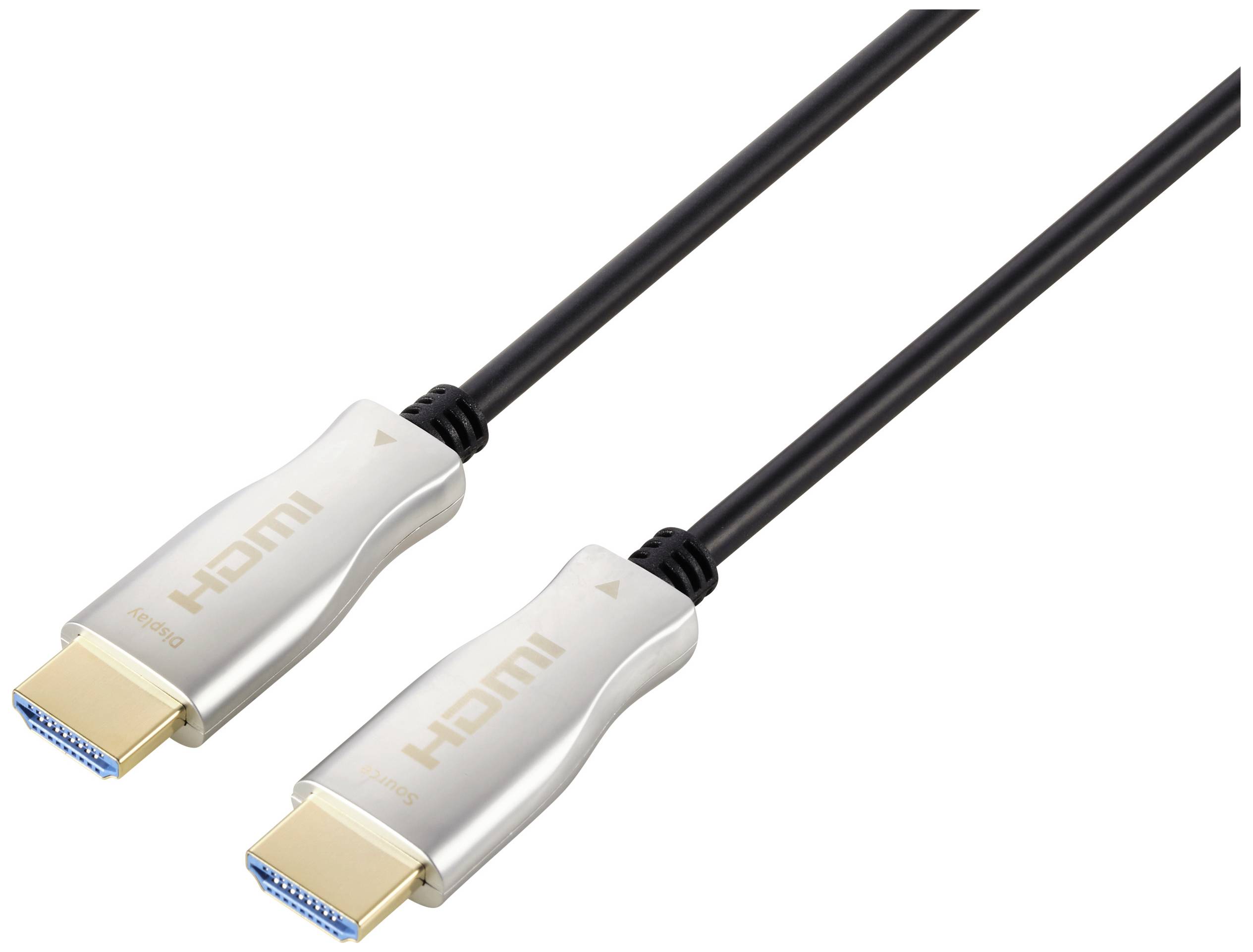 Deux câbles HDMI avec des connecteurs argentés et un câble noir, destinés à la transmission de signaux audio et vidéo entre différents appareils.