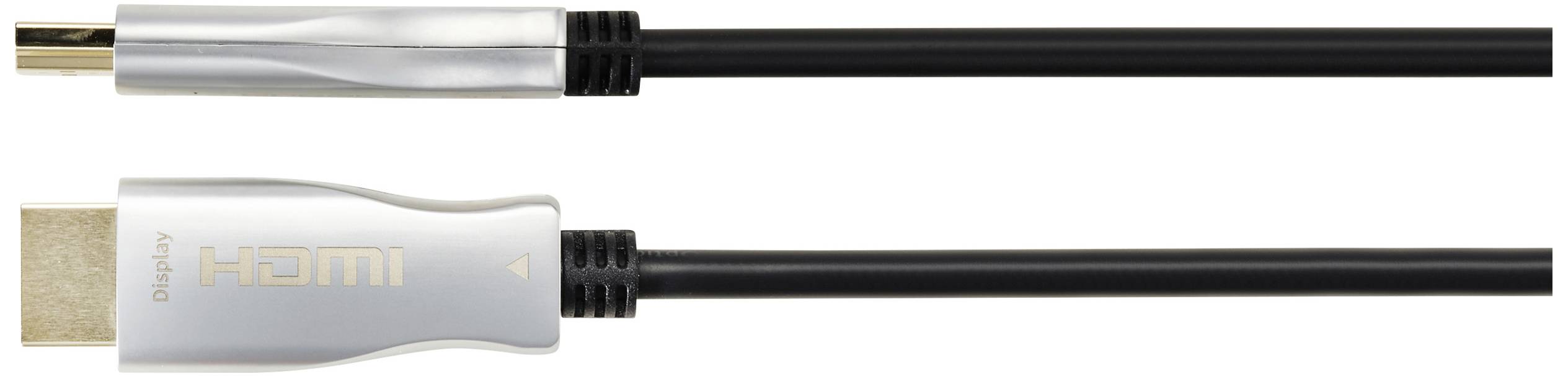 Deux câbles HDMI, l'un avec un connecteur métallique argenté et portant l'inscription « Display », présentés côte à côte.