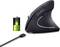 Souris ergonomique verticale avec connexion USB. Un symbole de batterie vert indique une charge complète. Nom de marque 'renkforce' sur la souris.