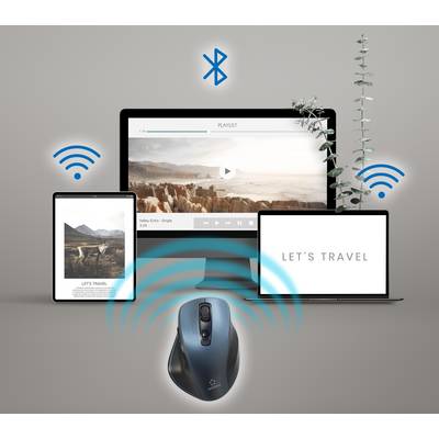 Souris Bluetooth se connectant simultanément à la tablette, à l'ordinateur portable et à l'écran. Les symboles Wi-Fi et Bluetooth mettent en valeur la fonction sans fil.