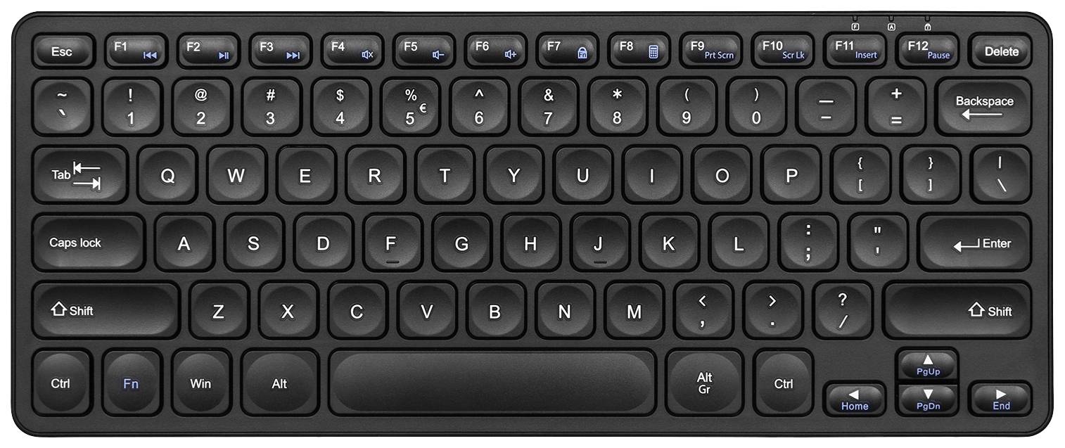 Un clavier noir, compact, QWERTZ avec une rangée de touches de fonction et une rangée de touches numériques. Pas de pavé numérique.