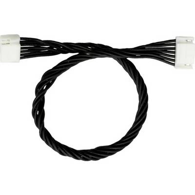 Un câble noir torsadé avec des fiches blanches à chaque extrémité, adapté aux connexions électriques dans les appareils.