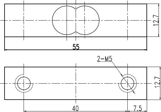 Dessin technique d'un élément de connexion métallique avec les dimensions suivantes : longueur 55 mm, largeur 12,7 mm, alésage 40 mm, taille de perçage M5.