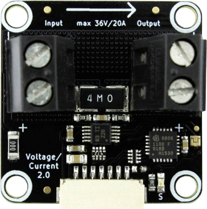 Module 'Tension/Courant 2.0' avec entrée maximale de 36V/20A. Présente les connexions d'entrée et de sortie ainsi que les composants du circuit.