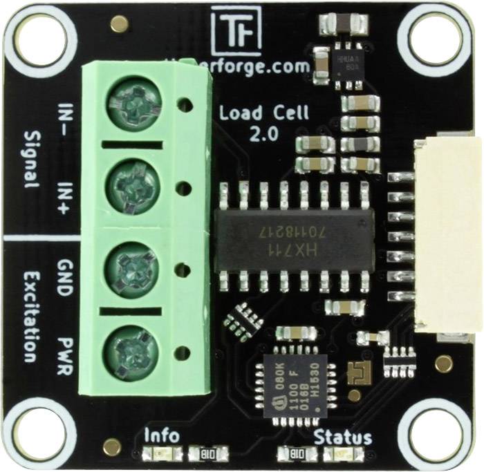 Carte de microcontrôleur avec des bornes de connexion vertes et des étiquettes 'IN-', 'IN+', 'GND' et 'PWR' sur fond noir.