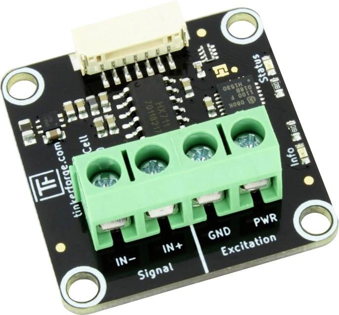 Amplificateur de mesure de charge pour projets Arduino : carte PCB noire avec bornes vertes et connecteur blanc en haut, environ 3x3 cm.