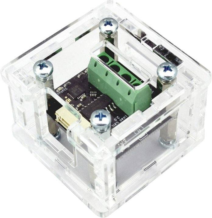 Petit composant électronique transparent avec une carte de circuit imprimé noire, un bloc de connexion vert et des vis qui sécurisent le boîtier.