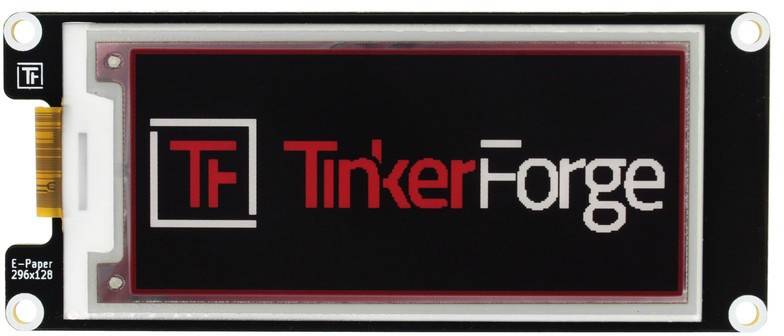 'Écran d'affichage électronique de TinkerForge, montrant le logo et le nom en rouge et blanc sur fond noir.'