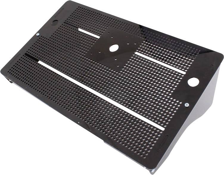Plateforme métallique noire perforée avec surface inclinée et trou central, utilisée pour la disposition ou le montage d'appareils.