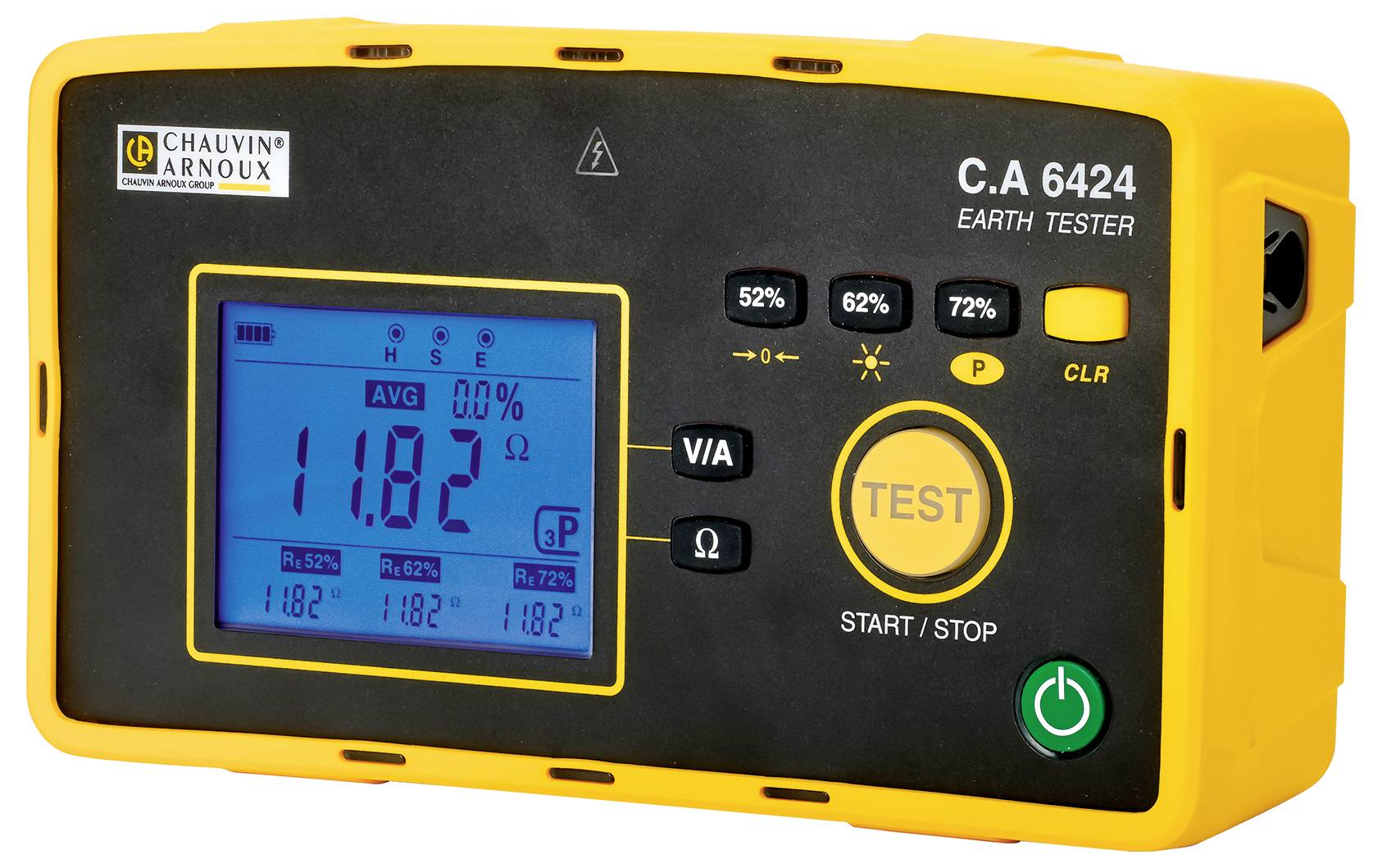 Appareil de mesure de terre jaune C.A 6424 avec affichage numérique et plusieurs touches, indiquant une valeur de résistance de 11,82 ohms.