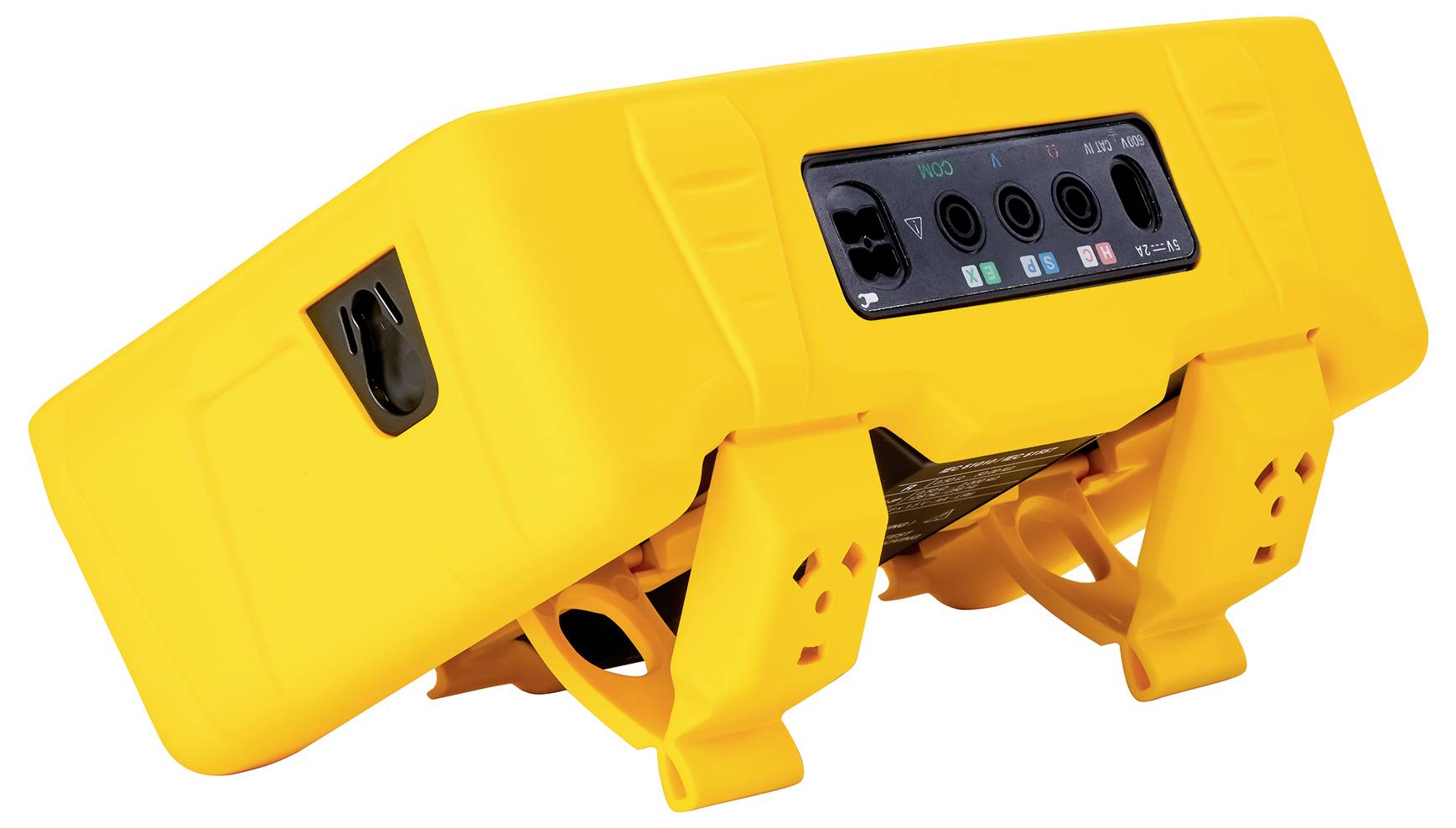 Appareil électronique jaune doté de plusieurs ports et de voyants lumineux sur sa façade avant. Il est installé dans un support stable.