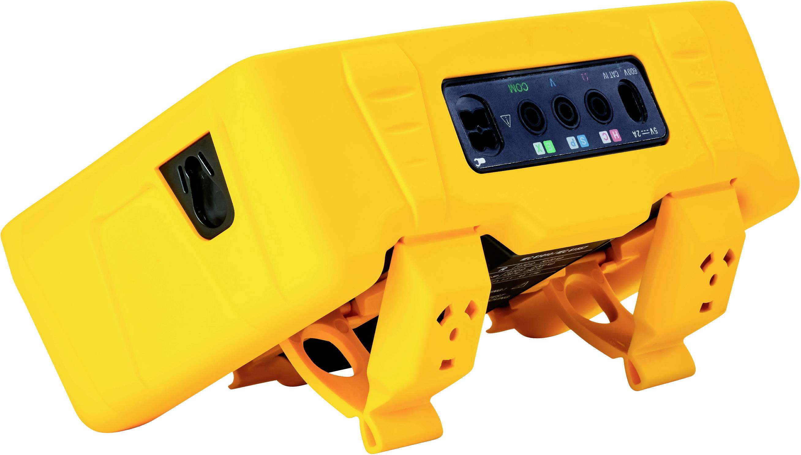 Un appareil électronique jaune doté de plusieurs ports et d'un panneau de commande sur la face avant, posé sur une table.