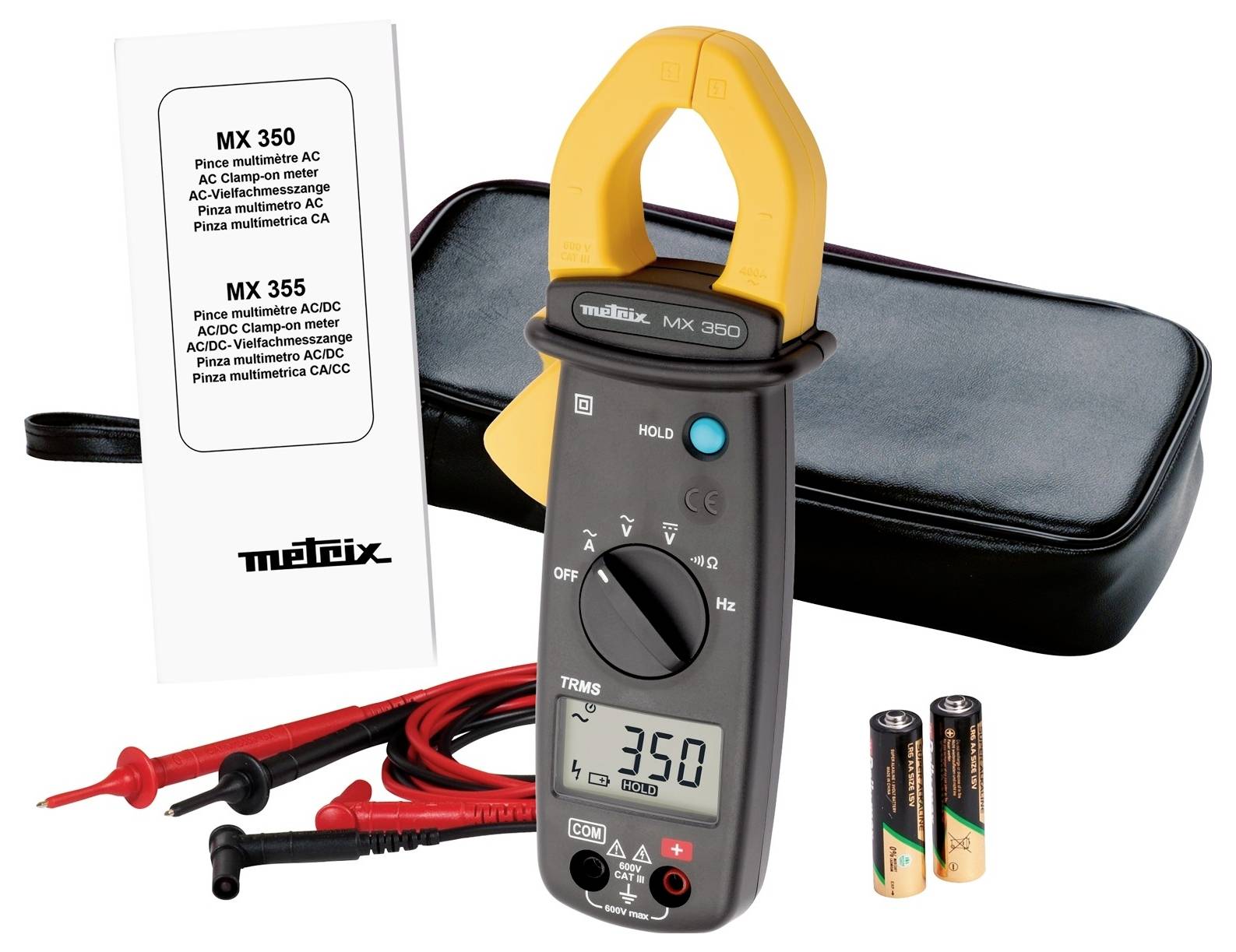 Un multimètre numérique 'MX 350' avec une pince ampèremétrique jaune et ses accessoires, comprenant des câbles de mesure, deux batteries et un étui noir.