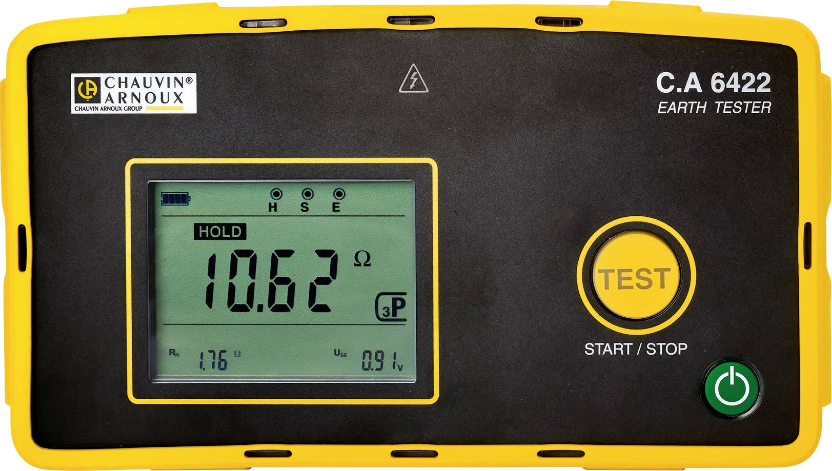 Appareil de mesure de mise à la terre numérique avec boîtier jaune affichant une valeur de résistance de 10,62 ohms sur l'écran, avec bouton 'TEST'.
