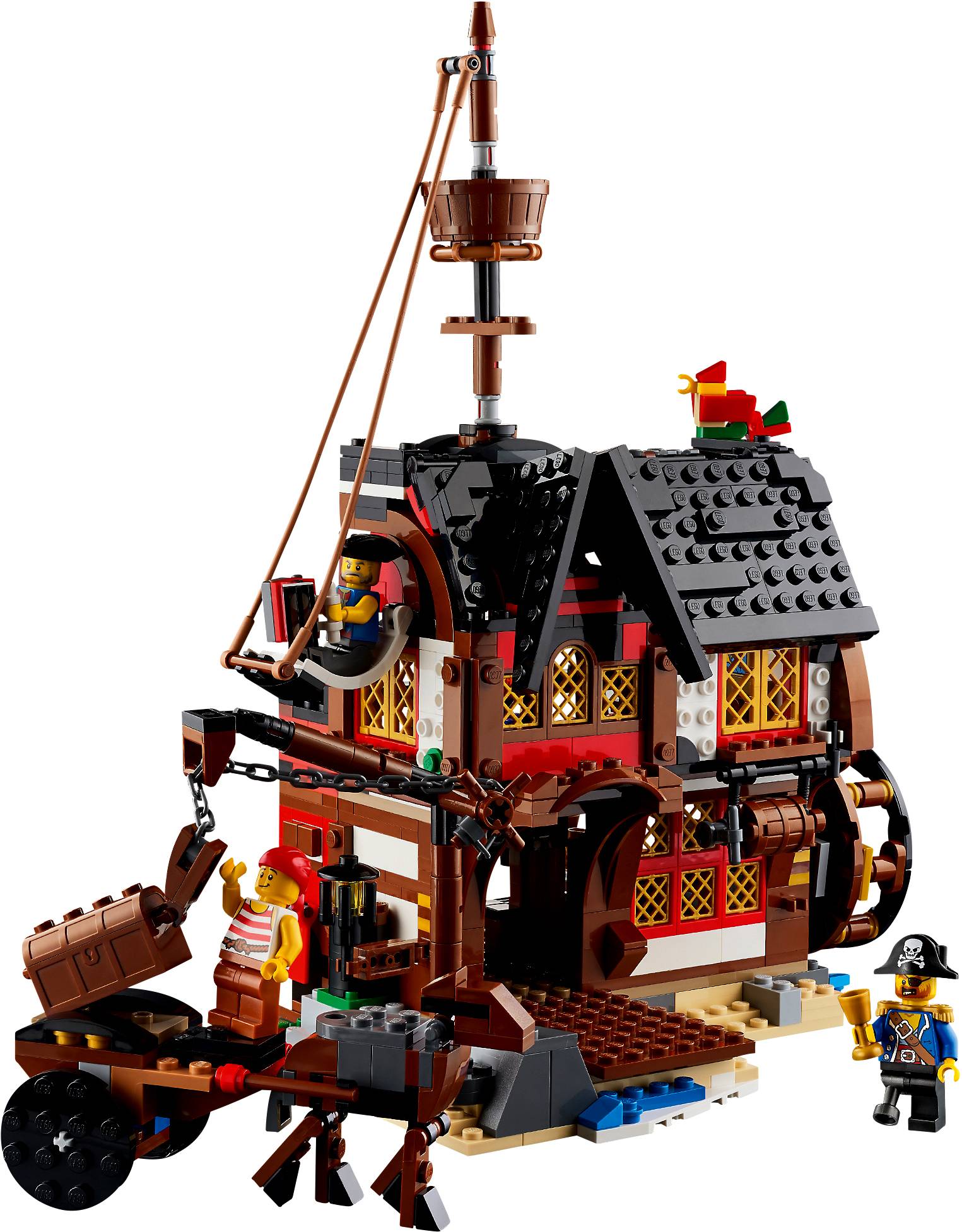 Un ensemble de LEGO Pirates avec un bâtiment à plusieurs étages représentant une taverne avec des figurines de pirates. Une figurine tire un tonneau.