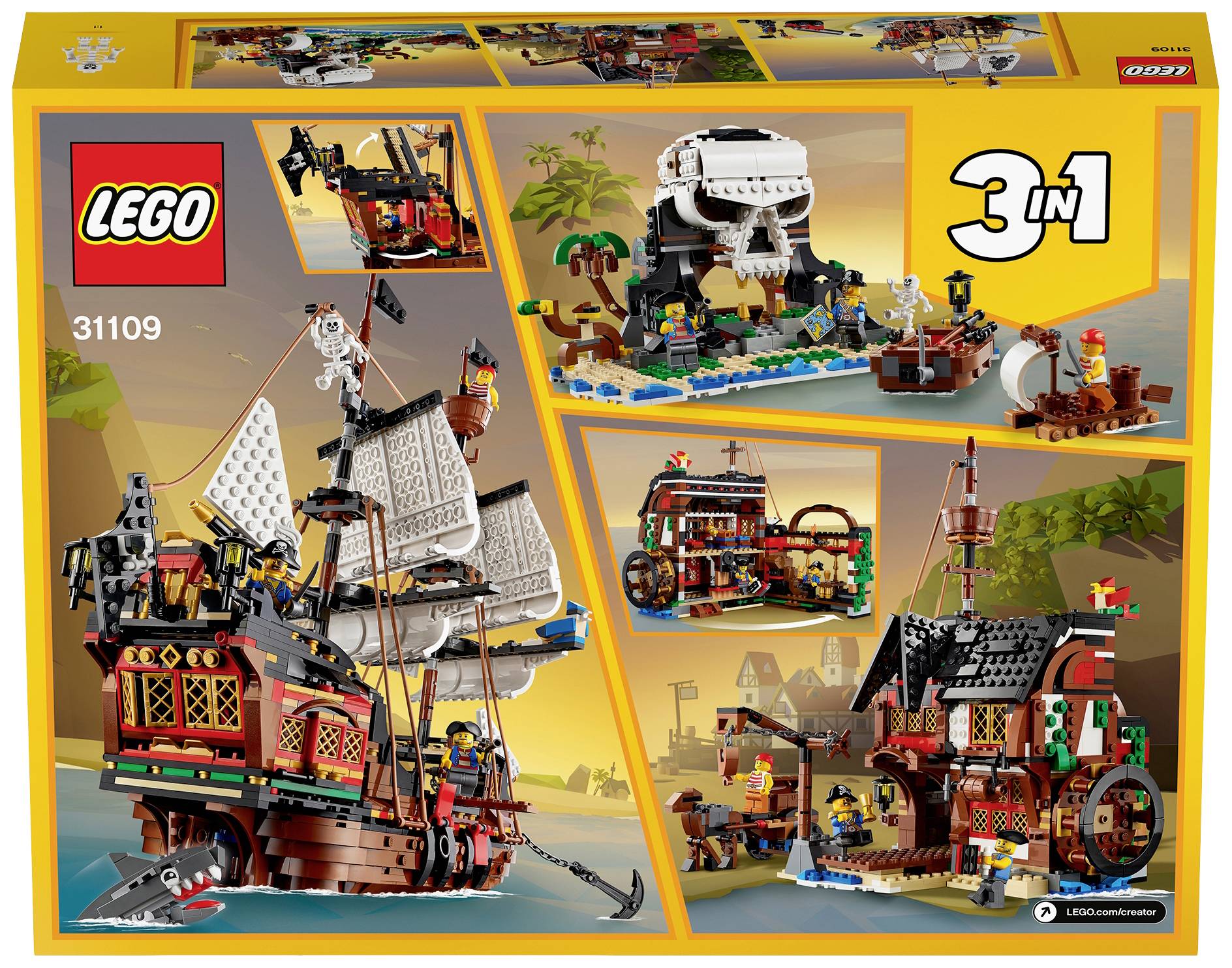 Ensemble LEGO 31109 'Aventure de Pirates' 3-en-1. Présente un navire de pirates, une grotte de pirates et une maison de pirates avec des figurines et des accessoires.