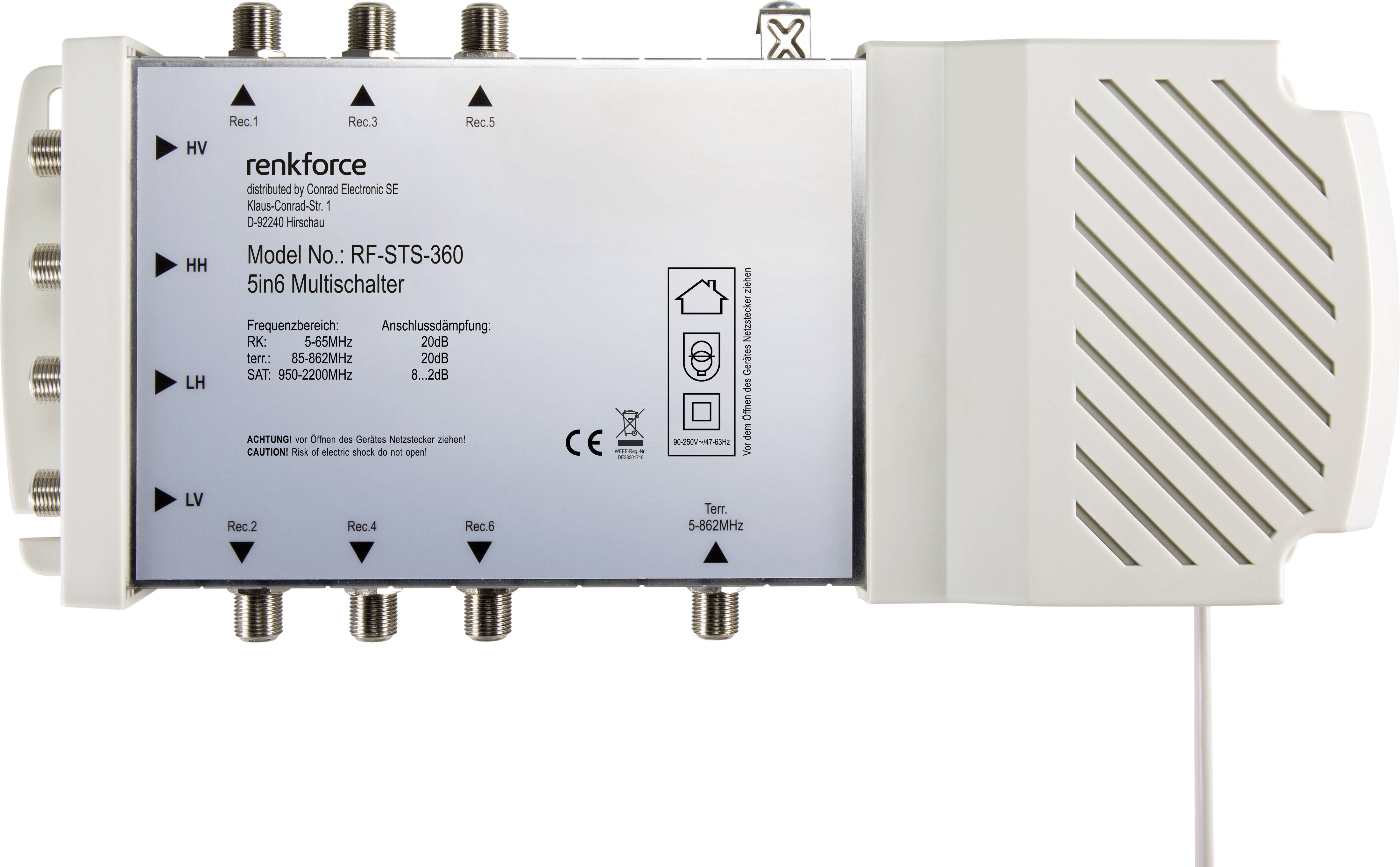 Multicommutateur, modèle RF-STS-360, avec cinq entrées et six sorties. Adapté pour la réception satellite, fabriqué par Renkforce.