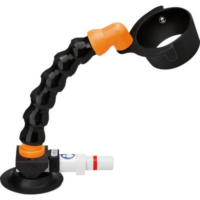 Un bras articulé flexible noir avec une tête orange et noire et un support à ventouse. Adapté pour le montage d'appareils.