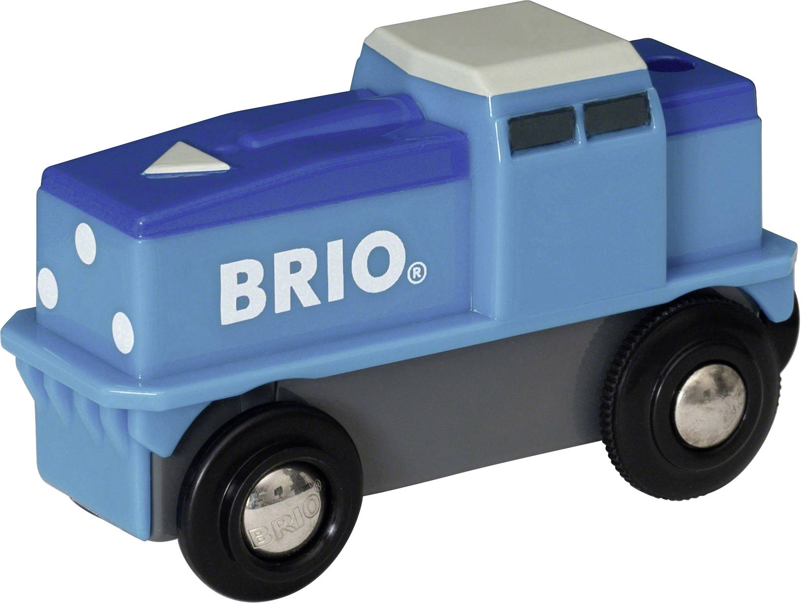 Un modèle de train jouet bleu portant l'inscription 'BRIO' sur le côté, avec des points blancs, des roues noires et un châssis gris.