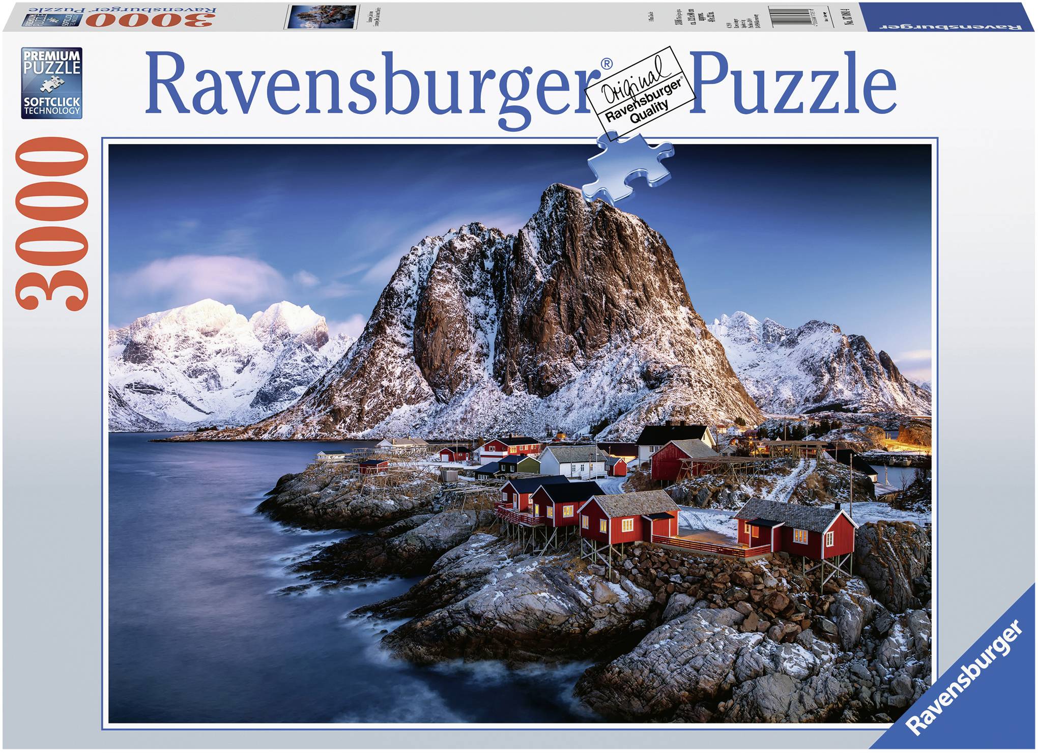 Puzzle de 3000 pièces représentant un village côtier hivernal devant des montagnes enneigées. Marque : Ravensburger.