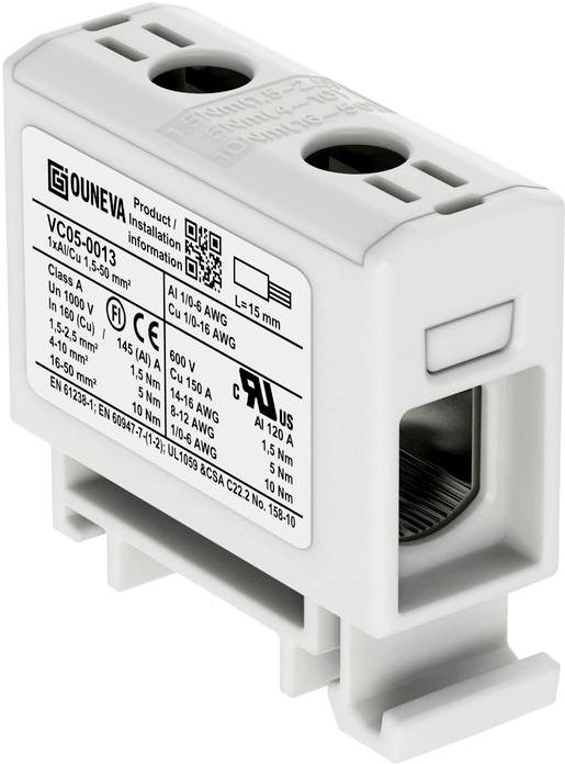 Un connecteur de câble électrique blanc d'Ouneva avec des informations de produit sur une étiquette, adapté pour des câbles de 1-10 mm².