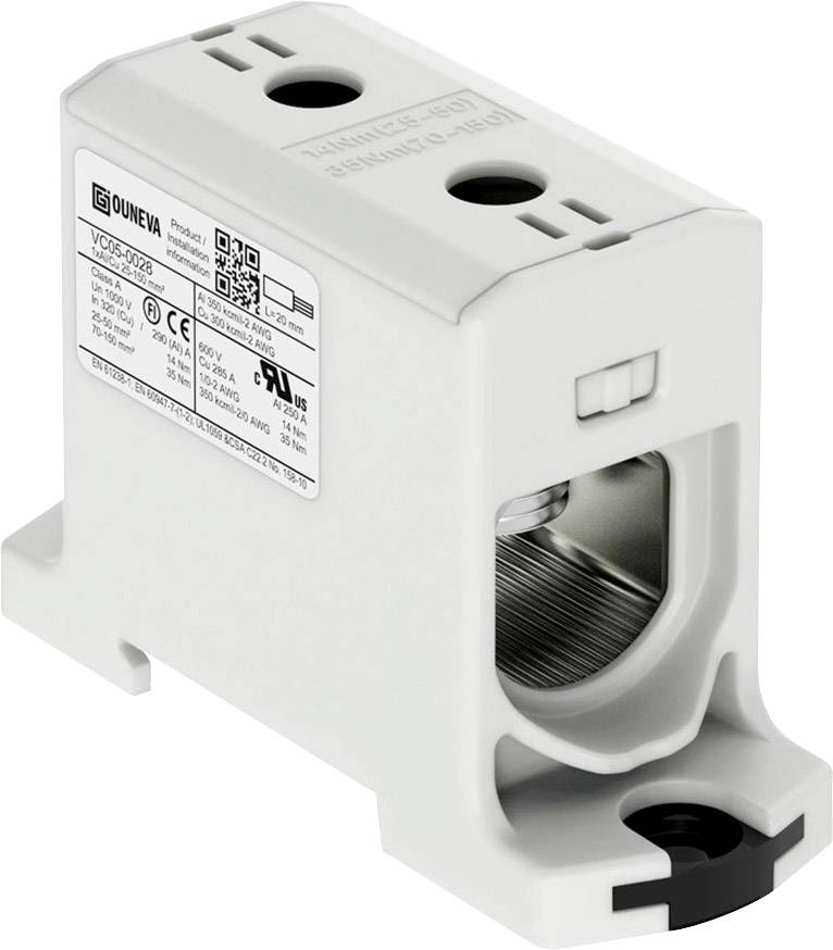 Un bloc de bornes électrique blanc avec des spécifications techniques sur une étiquette. Adapté aux applications industrielles.