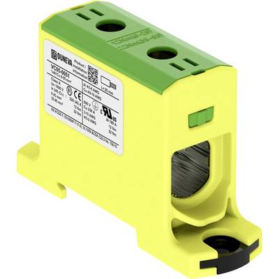 Composant électrique jaune avec un dessus vert, de forme rectangulaire. Une étiquette du fabricant avec des spécifications techniques est visible sur le côté.