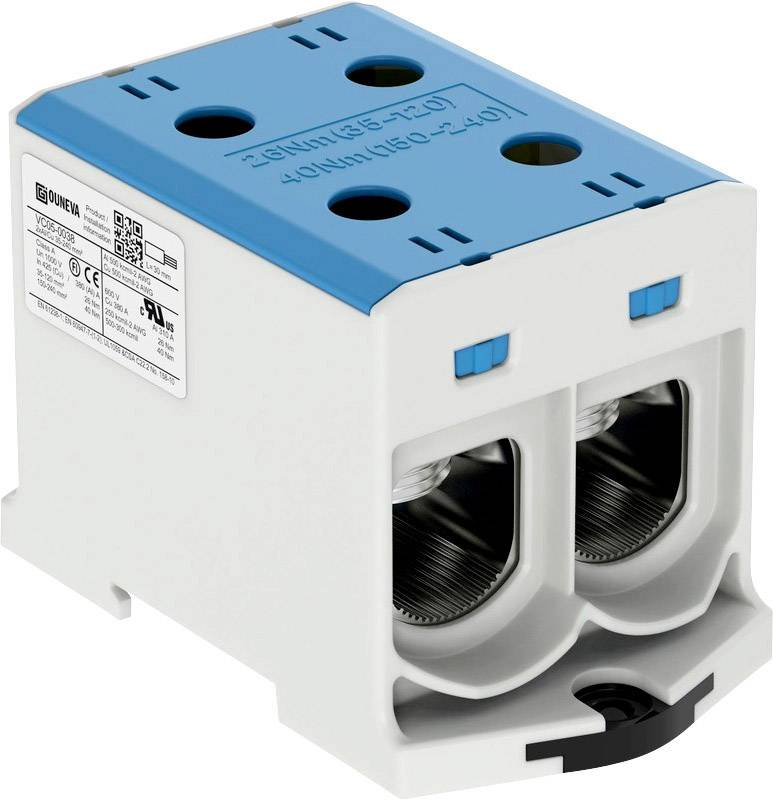 Connecteur électrique avec deux connexions de câble, couvercle de boîtier bleu et blanc, spécifications techniques sur l'étiquette latérale.