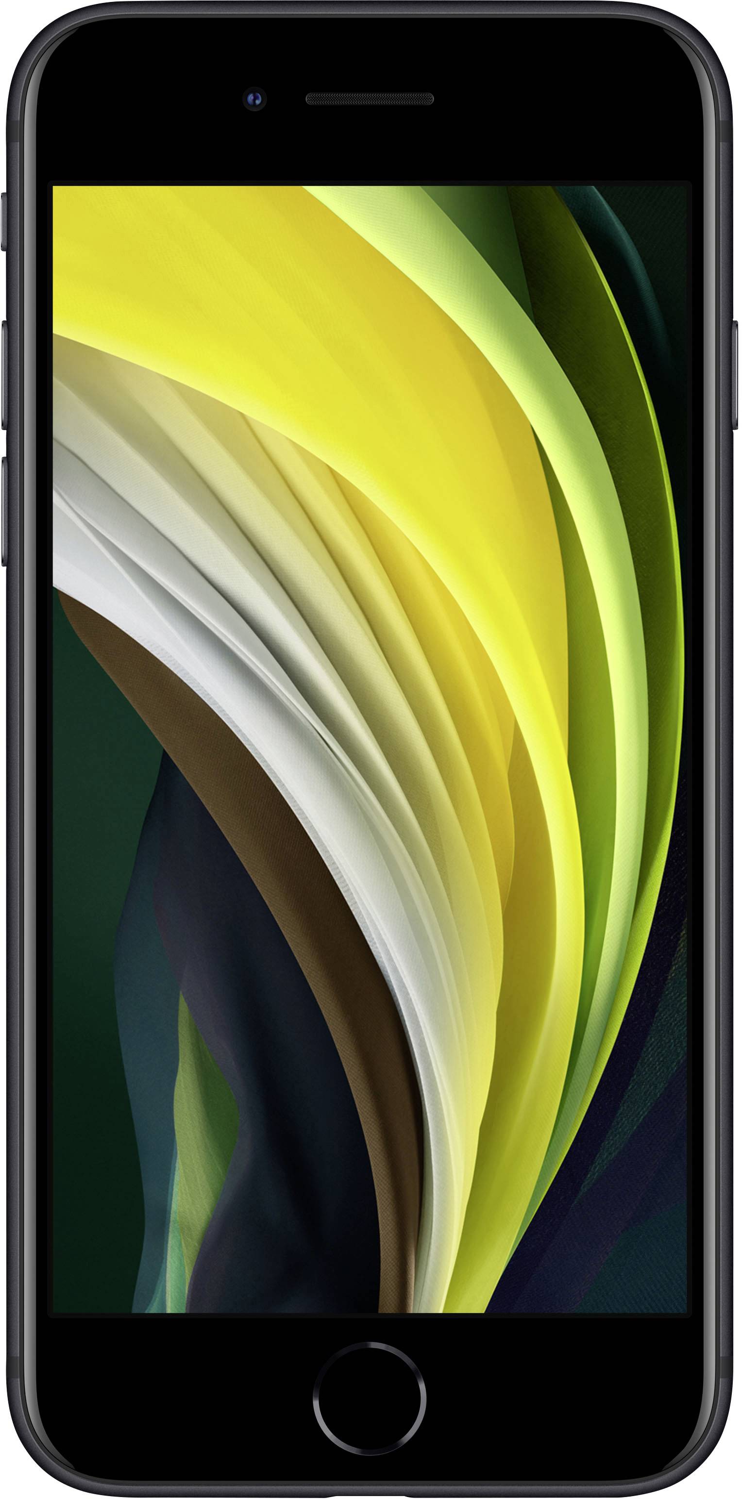 Smartphone au boîtier noir aux angles arrondis. L'écran affiche un motif abstrait ondulé dans des tons de jaune et de vert.