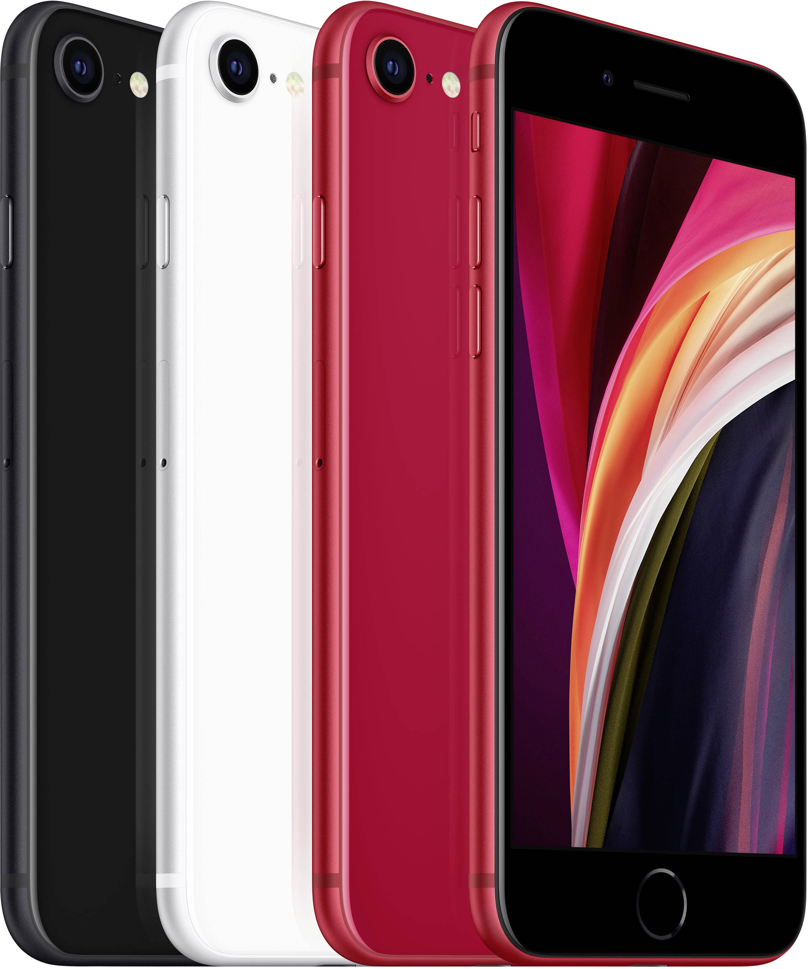 Trois smartphones de différentes couleurs sont alignés côte à côte : noir, blanc et rouge. Ils présentent leur face avant et arrière.