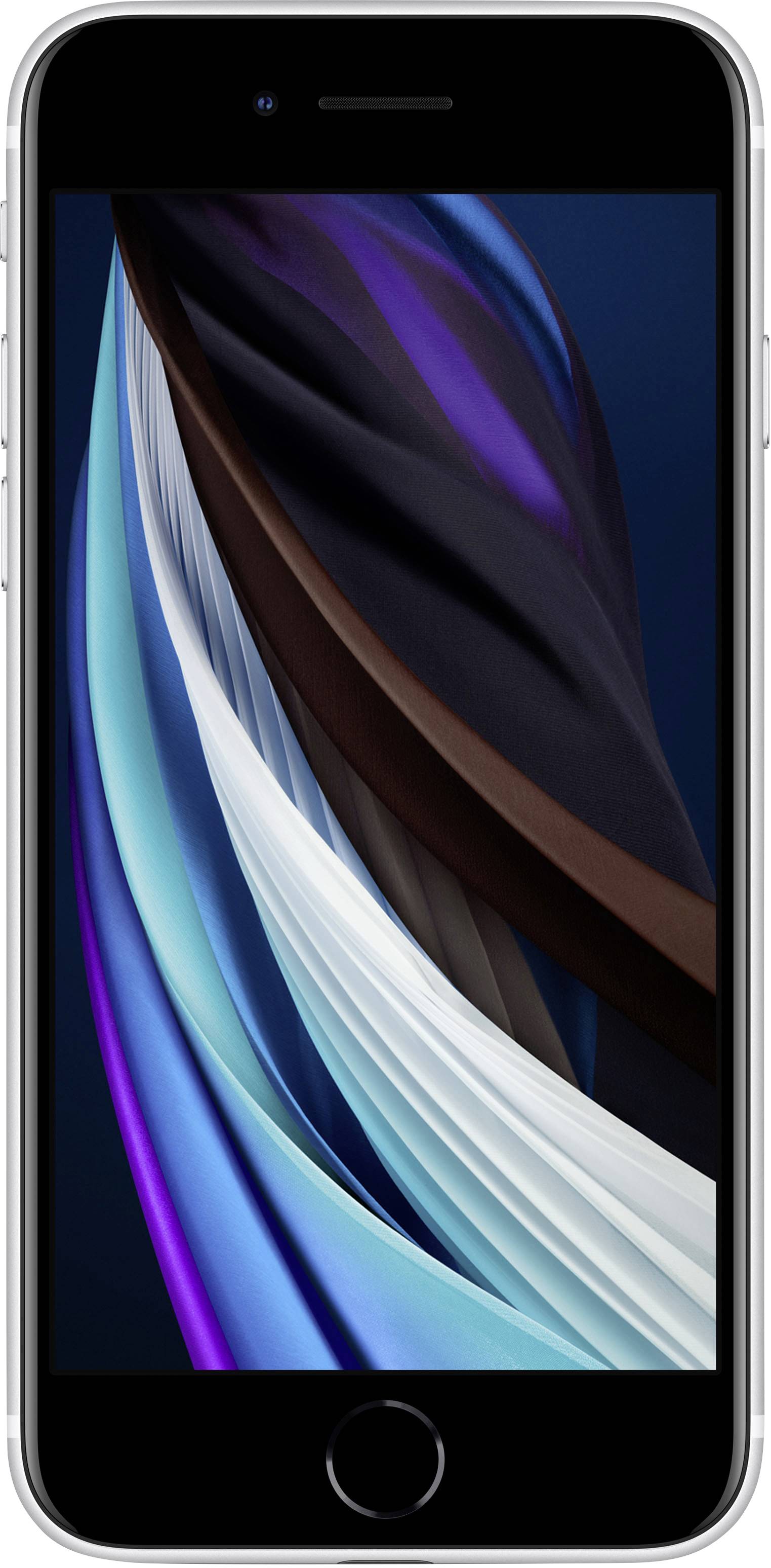 Smartphone avec un arrière-plan abstrait et coloré sur l'écran, montrant des rubans ondulés en bleu, noir et marron.