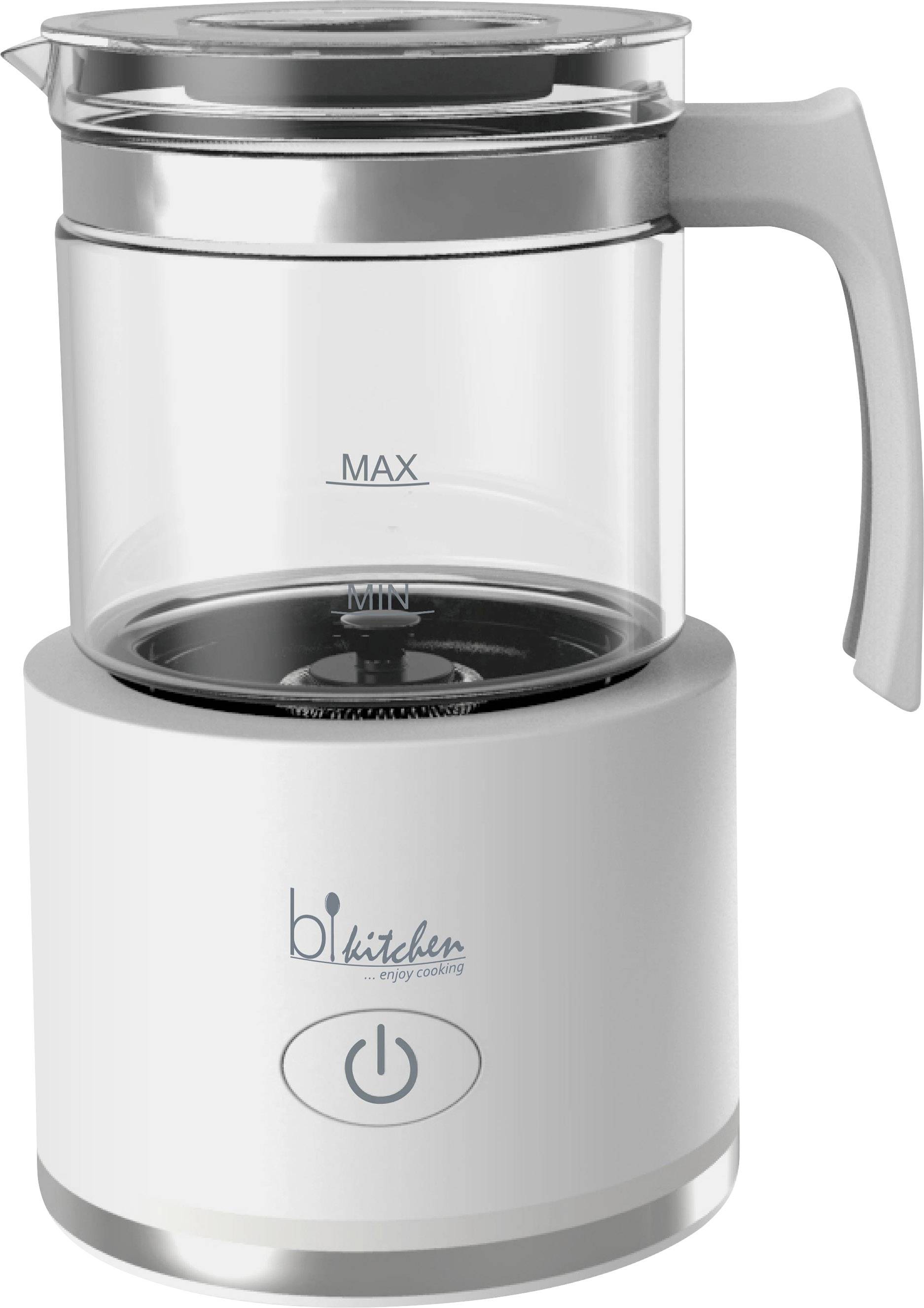 Une bouilloire électrique en verre avec une poignée grise, des indicateurs de niveau minimum et maximum, posée sur une base blanche avec un bouton marche/arrêt.