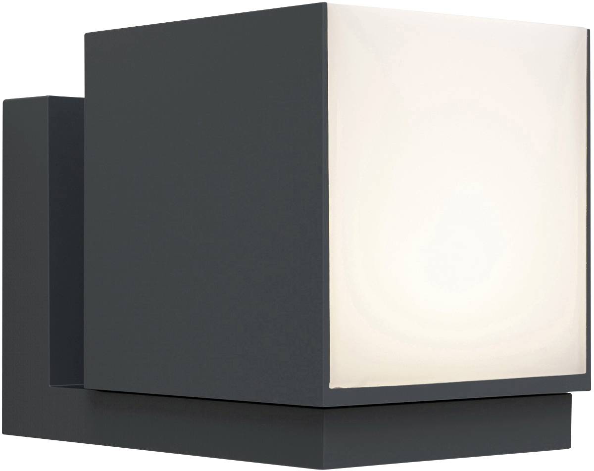 Un luminaire extérieur moderne de couleur gris foncé, au design carré, avec un éclairage diffus blanc chaud sur sa face avant.